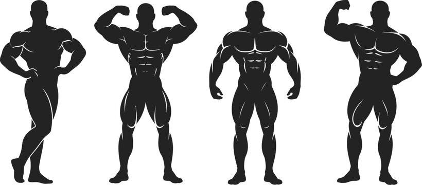 Black silhouettes of muscular bodybuilders posing with strong flexed muscles showing fitness strength and athletic power for gym workout design elements.