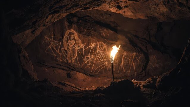 Ancient Cave Art Depiction with Torch Light in Dark Environment