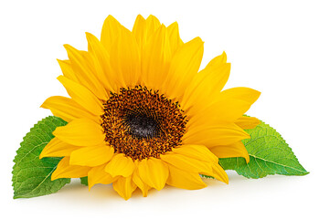 Obraz premium Sunflower flower isolated on a white background. Yellow Sunflower blossom. Sun flower with green leaves