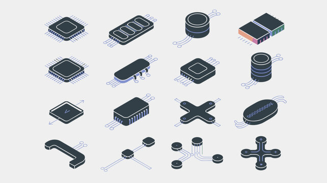 Isometric microchip and logic gate icon grid &ndash; Great for microprocessor research, high-tech interface design, or digital system dashboards.