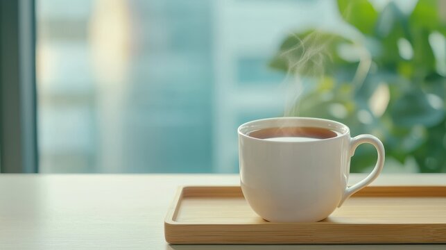 wellness nutrition mental concept. Steaming hot cup of tea on a wooden tray with a blurred background.