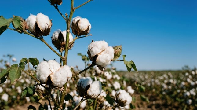 A cotton plant with white cotton bolls against a clear blue sky.