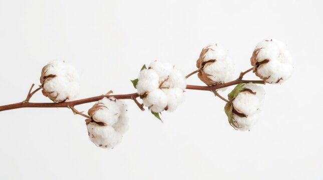A cotton plant with several cotton bolls on a white background.