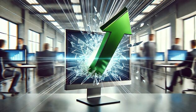 Dramatic office scene with shattered computer screen and rising green arrow