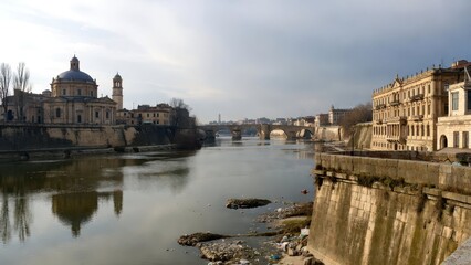Obraz premium Panoramic view of a European city with a domed church, bridge, and river with pollution