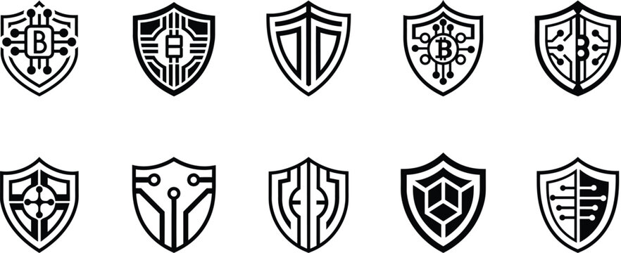 Cybersecurity and Blockchain Shield Icon Set, Digital Protection and Encryption Symbols, Fintech Network Defense Vector Collection