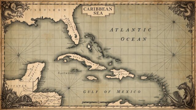 Antique map of the Caribbean Sea, Gulf of Mexico, and Florida, with decorative sea monsters