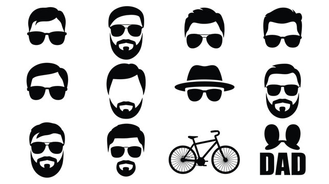 Silhouette icons of cool dad elements with faces hats bicycle and text on white background