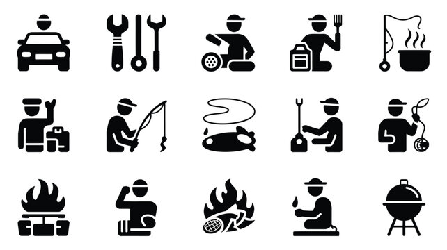Black silhouette icons of dad's hobbies and leisure activities on white background