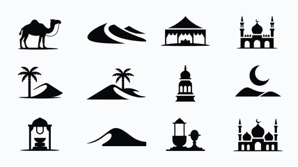 Fototapeta premium Collection of 12 minimalist silhouettes featuring desert and islamic architecture icons