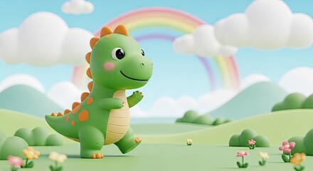 Obraz premium Cute Green Cartoon Dinosaur Walking Across a Lush Landscape