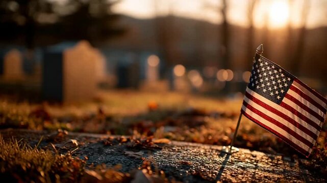 Simbol patriotik bendera Amerika Serikat dengan garis-garis merah putih dan bintang biru berkibar di atas makam pada sebuah cemetery sebagai penghormatan bagi pahlawan kita