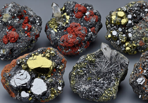 Collection of colorful mineral and rock specimens, showcasing natural geological formations with intricate textures