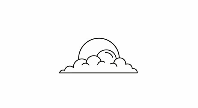 Outline of a half-circle sun behind fluffy clouds on a white background
