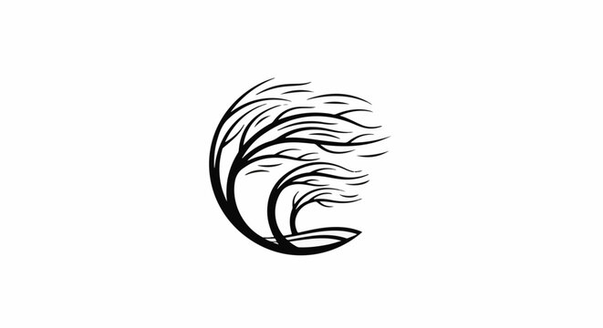 Black silhouette of two stylized trees bending in the wind on a white background