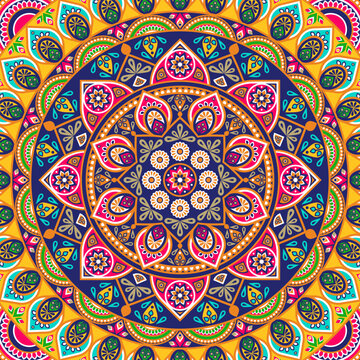Colorful geometric mandala pattern with intricate symmetry and floral element. Festival, Moroccan, Mexican motifs for print, fabric, textile, wallpaper, packaging, background, digital design.