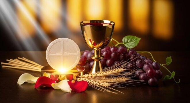 Divine sustenance symbol: Corpus Christi, holy religion, Christ Body, divine Blood, Eucharist feast, sacred wafer, golden chalice, spiritual glow, fresh grape, ripen wheat, soft petal.