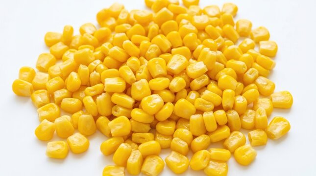 A pile of yellow corn kernels on a white background.