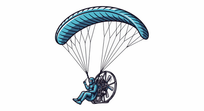 Paramotorist soaring in a blue parachute against white