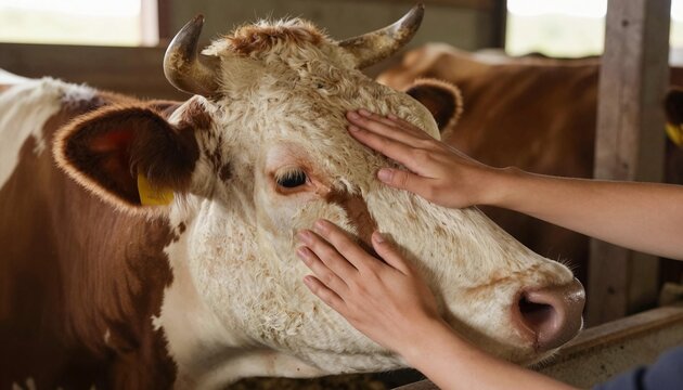 Close-up of a brown and white cow being gently petted by human hands inside a barn