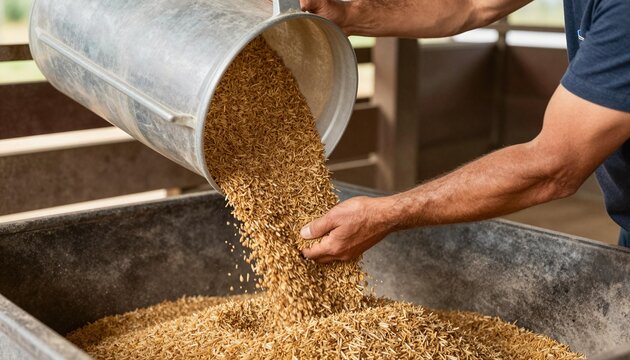 Farmer pouring golden rice grains from a metal pail into a storage bin, close-up of hands and flowing grain