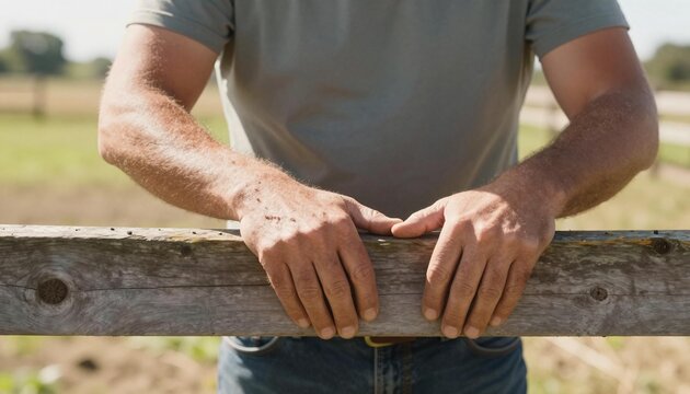Close-up of a man's hands and forearms resting on a weathered wooden fence in a sunlit rural setting