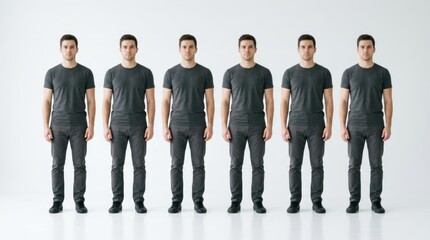 Fototapeta premium Six men standing in a line, wearing black t-shirts and pants, with a white background.