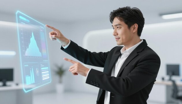 Businessman interacting with holographic virtual touchscreen displaying data charts in a modern office environment