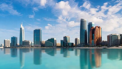 Obraz premium Modern Skyscrapers and Reflections in Calm Water at City Skyline