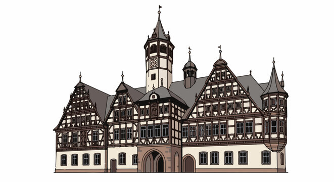 Ornate historic building with a central clock tower and steeply pitched roofs, featuring half-timbered details