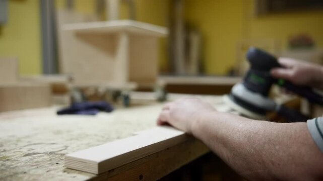 Closeup Of Rotary Sander Smoothing Plywood. Applying Consistent Pressure To Create Even Wood Finish. Media