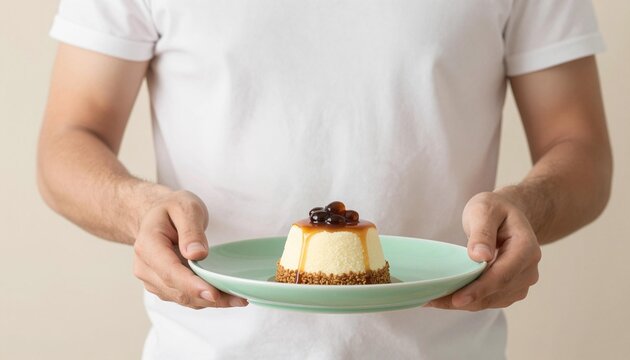 Homemade caramel flan (caramel custard) topped with caramel sauce and coffee beans, served on a green plate held by a person in a white shirt