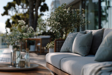 Obraz premium This serene outdoor space features a comfortable sofa adorned with soft pillows, surrounded by lush greenery and natural light, creating a peaceful retreat atmosphere.