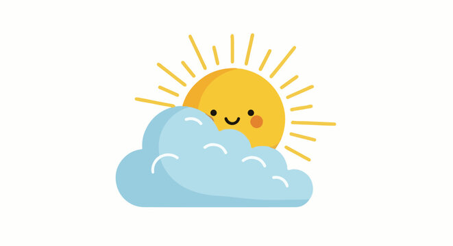 Cartoon sun with a friendly face peeks from behind a fluffy blue cloud