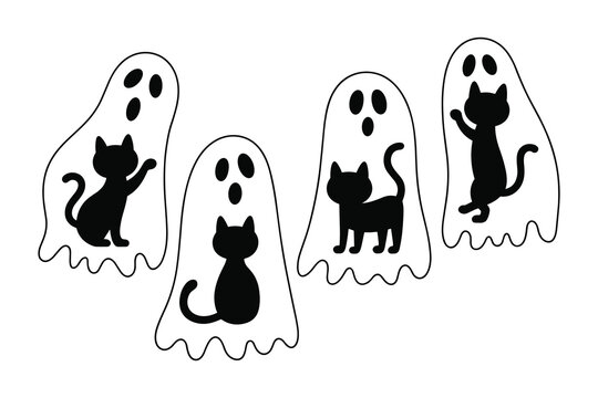 Black and white of four cats in different poses feline