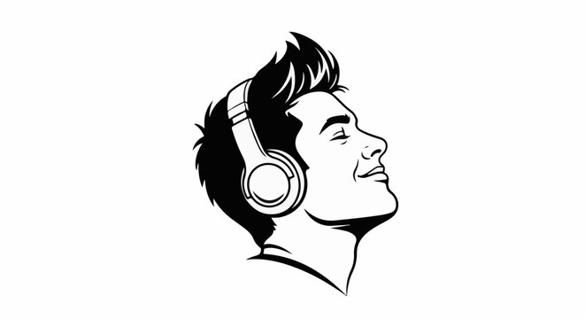 Black and white illustration of a man enjoying music through headphones