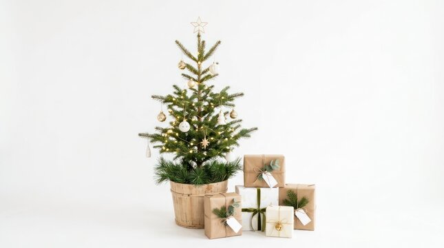 A small, decorated Christmas tree with presents underneath.