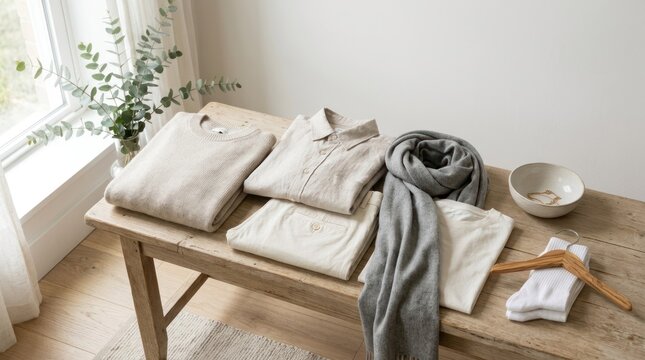 A neatly folded pile of beige and white clothes on a wooden bench in a well-lit room with a window and a green plant.
