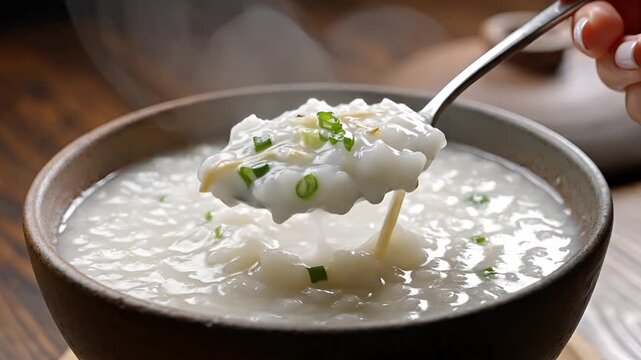 Closeup of a steaming bowl of congee being stirred with a spoon.