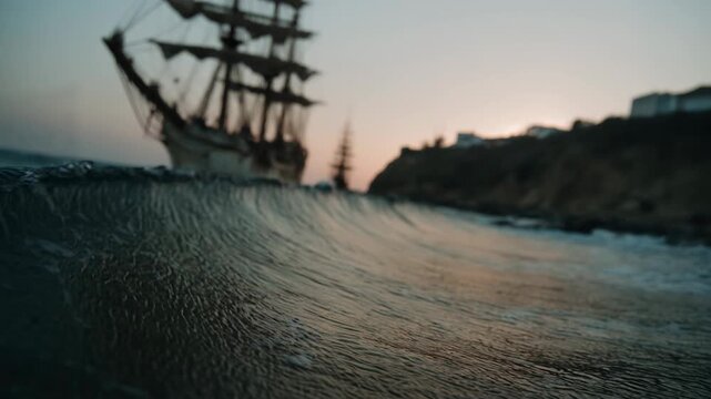 Sailing ship silhouetted against sunset over coastal cliffs. Waves gently rolling towards shore. Maritime voyage and ocean exploration concept.