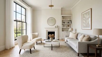 Fototapeta premium A serene living room with a white sofa, armchairs, and a fireplace, featuring a large window with black frames and a view of a green landscape outside.