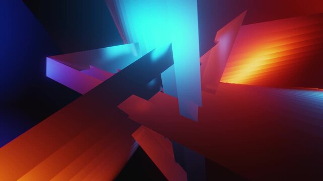 4K seamless orange and blue VJ loop with abstract high-tech polygonal tunnel and glowing light streaks for VJ sets, high-tech club visuals, music festivals, stage screens, LED video walls