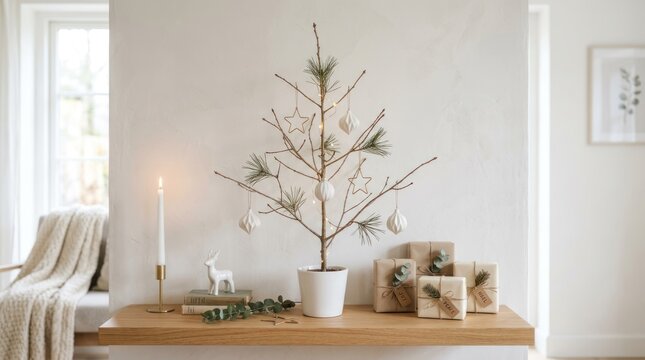 A minimalist Christmas tree with white branches and ornaments on a wooden table in a cozy living room.