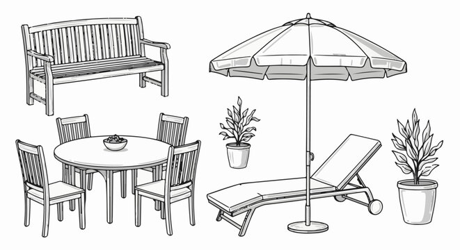 Outdoor furniture set including bench, table, chairs, lounge, and potted plants