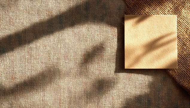 Sunlight casts a shadow on textured burlap & a square card