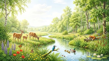 Fototapeta premium A serene forest scene with a river, deer, and a fox in a lush, green environment.