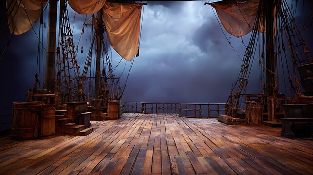 Awesome photo of wooden deck of a sailing ship under a dramatic stormy sky at sea.