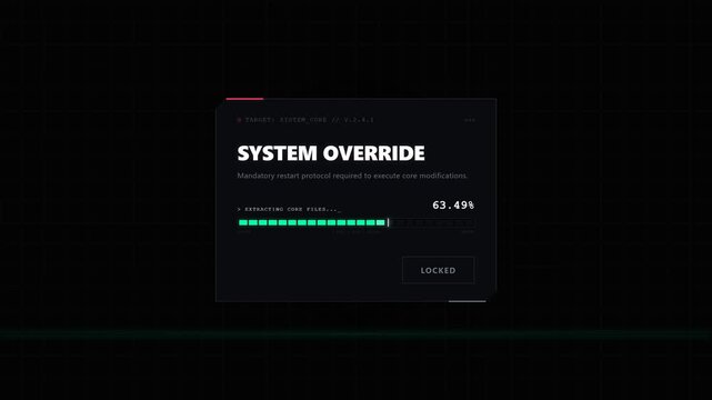 Futuristic system override user interface display on a black background, featuring digital hacking elements, progress bar, and cyberpunk technical data.