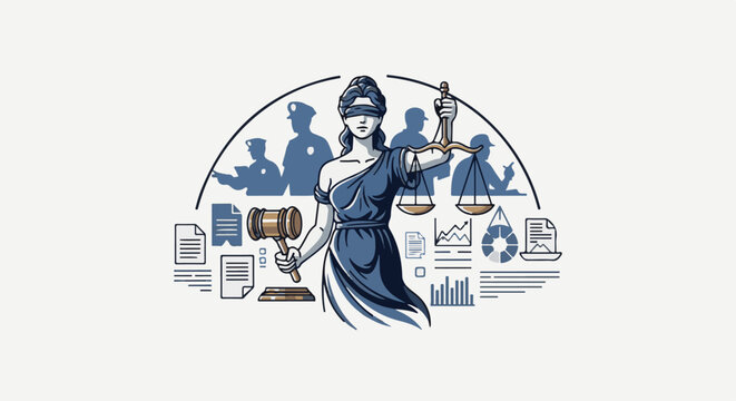 Lady Justice holds scales, symbolizing law and order with police, legal documents, and data visuals