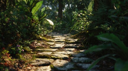 Obraz premium Sunlight shines on a stone path winding through lush, vibrant greenery